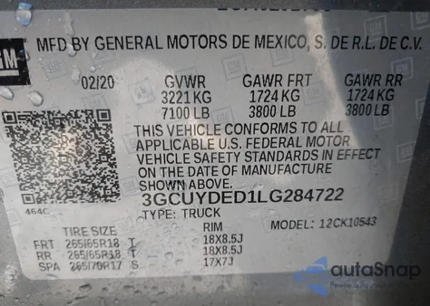 2020 Chevrolet Silverado 1500 4Wd Short Bed Lt z USA, uszkodzony, nr VIN 3GCUYDED1LG284722